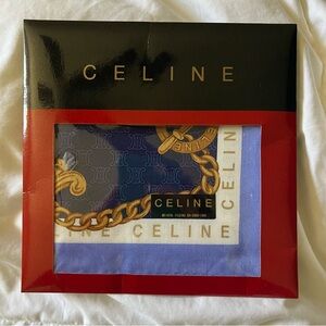 New Vintage CELINE Handkerchief Scarf Pocket Square Macadam Logo Blue Charms Set
